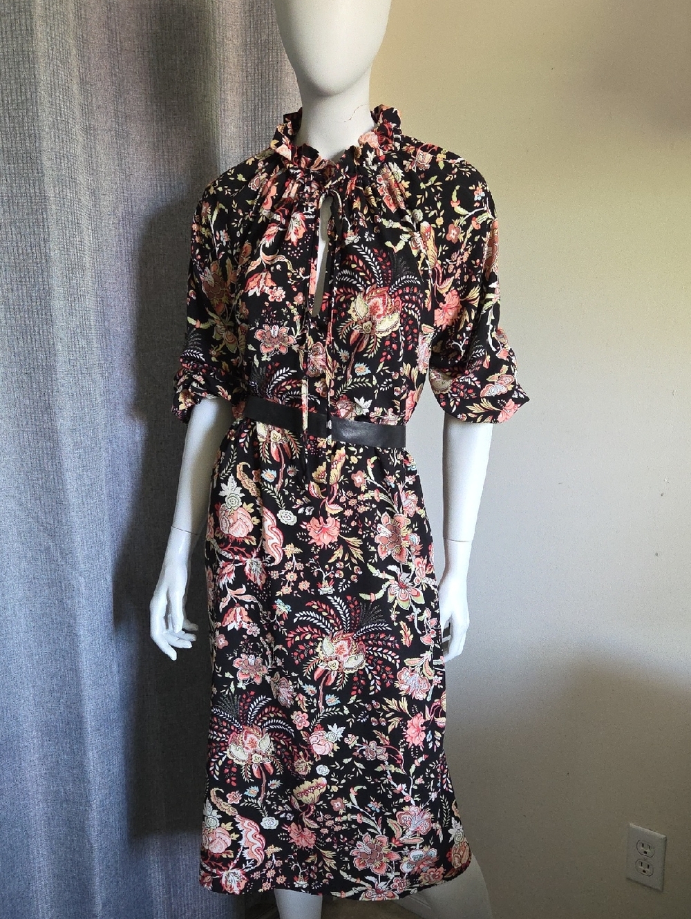 H&M Black Floral Tie-Neck Flowy Boho Midi Dress with Pink & Cream Paisley